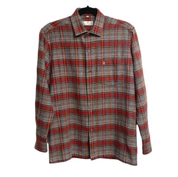 MARIANO RUBINACCI Italy Plaid Button Front Long Sleeve Shirt Red Grey 37 - Picture 1 of 9